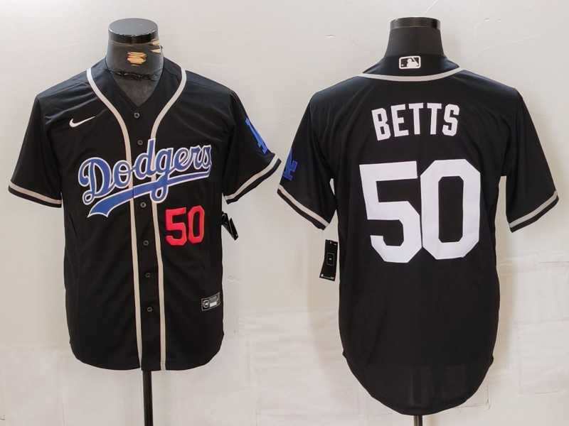 Mens Los Angeles Dodgers #50 Mookie Betts Number Black White Cool Base Stitched Jersey